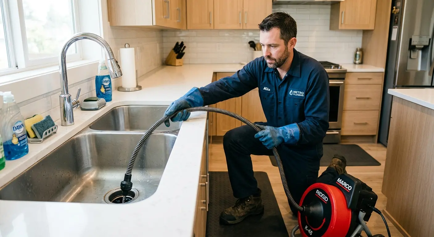 Drain cleaning technician using a motorized snake on a kitchen sink in Dublin