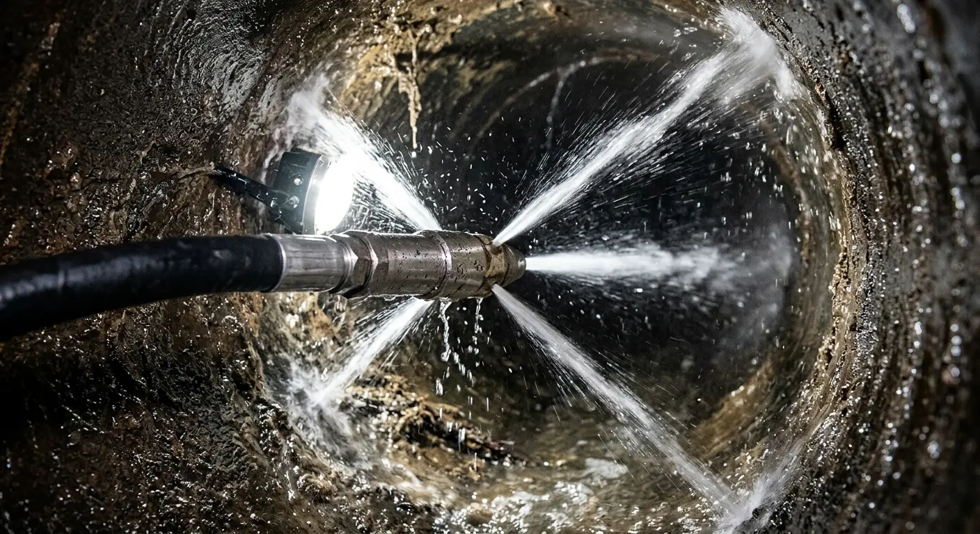 High-pressure hydro jetting nozzle cleaning sewer pipe for Trenchless Sewer Repair in Dublin