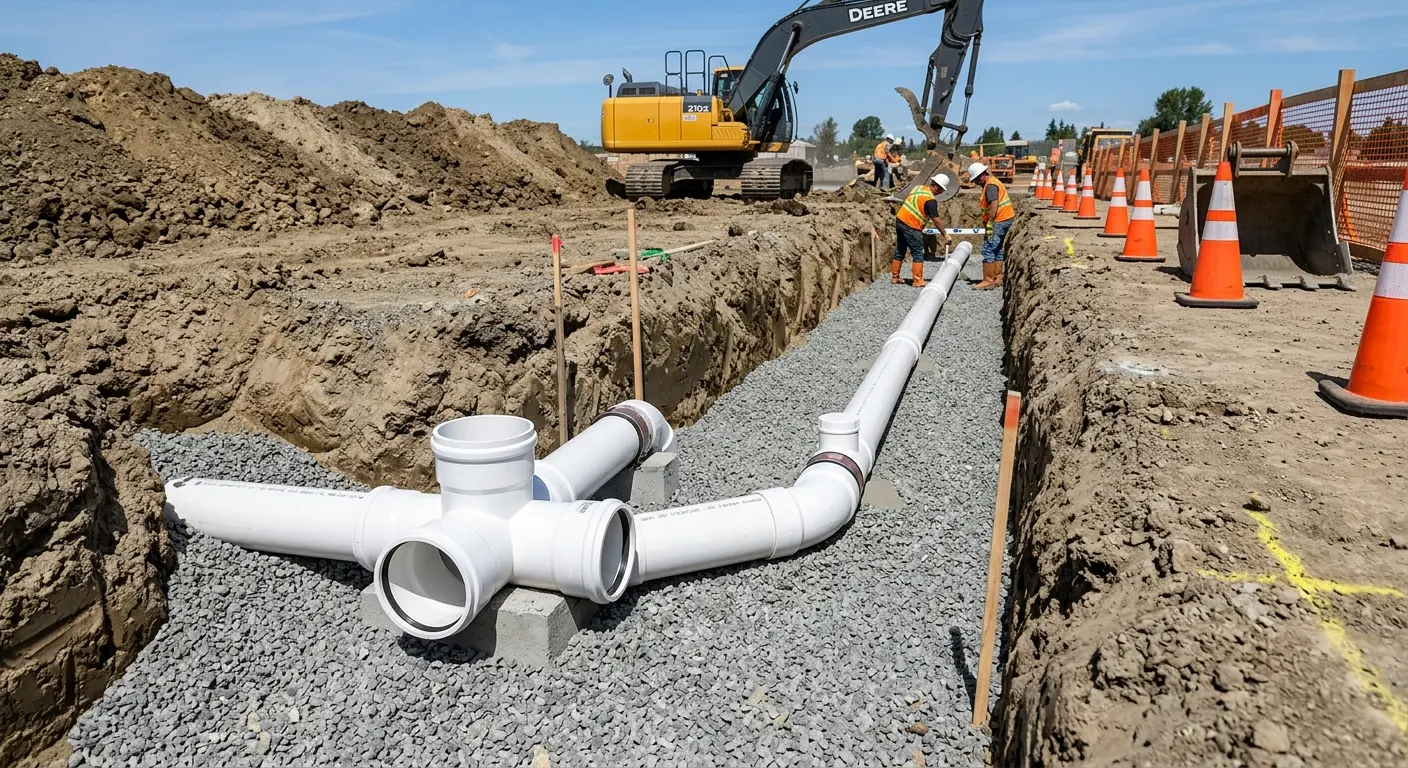New PVC sewer pipe installation in open trench for Commercial Drain Cleaning in Dublin