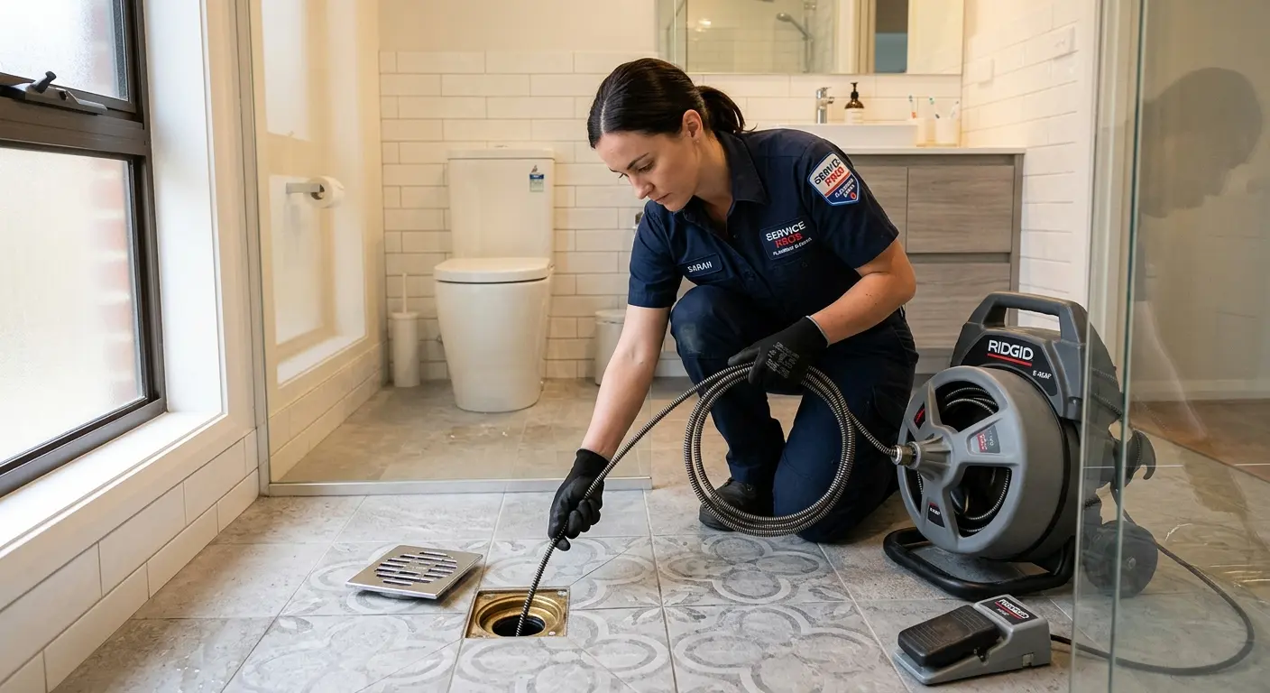 Technician clearing a bathroom floor drain for Clogged Drain Repair in Dublin